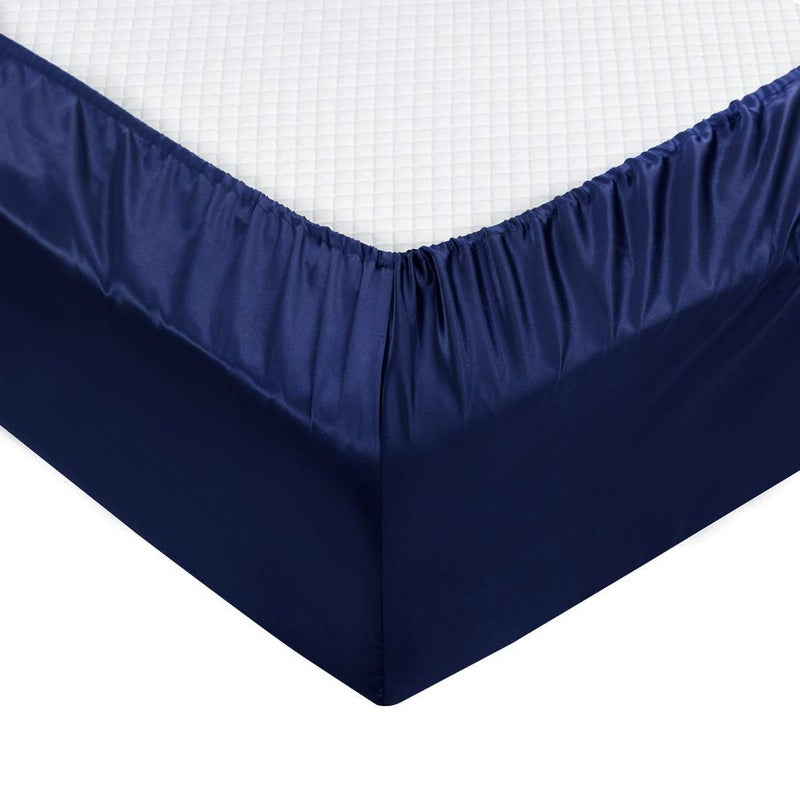 TREELY 6 Piece King Size Satin Sheet Set - Navy Blue, Deep Pocket, Fitted Sheet, Flat Sheet, 4 Pillowcases - Image 5